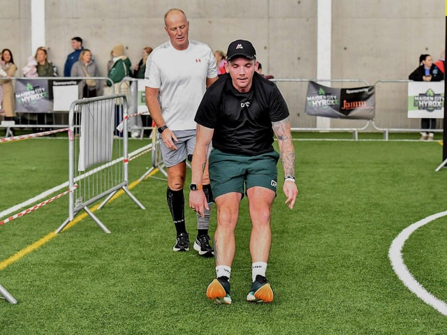 Competitor during the ‘Burpee Board Jumps’ station during the Maiden City Hyrox V Fitness Challenge held at Sean Dolans GAC on Saturday. Photograph: George Sweeney
