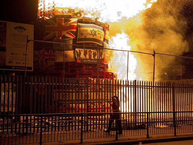 Bonfire alight in the Bogside on Thursday night. Photo: George Sweeney