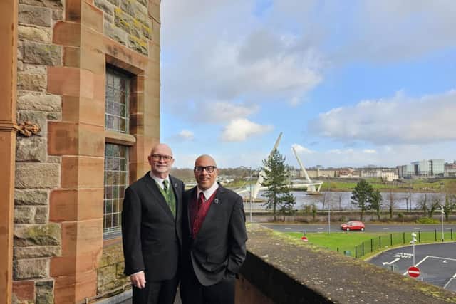 Frank Gallardo and Jean-Robert Lafont (John)  pictured during their wedding celebrations in the Guildhall. Picture credit: Elizabeth Mitchell