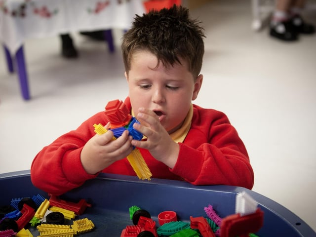 P1 pupil Billy hard at work building a spaceship on Wednesday at Steelstown PS.:.