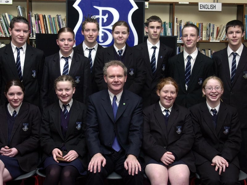 Education Minister, Mr. Martin McGuinness, pictured with Year 12 prizewinners. Front, from left, are Louise Moore, Aisling Duddy, Lynsay Doherty and Emma Melaugh. Back, from left, are Colin Kelly, Nicola Duddy, Mark O'Doherty, Victoria McMonagle, Mark Atkins, Mark Buckley and Chris Hicks. (1/12/CD18) : Pictured are students, staff and invited guests at the annual school prize-giving at St Brecan's High School, Top of the Hill back in the year 2000.
