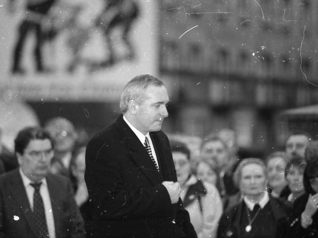Bertie Ahern after he laid a wreath at the Bloody Sunday memorial in Rossville Street