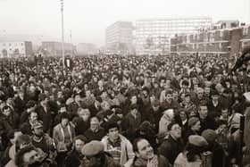 A large crowd gathered at Free Derry Corner for the 12th anniversary of the Bloody Sunday massacre in 1984.