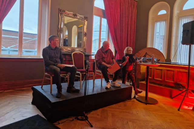 From left, Niall McCarroll, who is the current chair of Derry Trades Union Council, Joe Allen, Chicago-based socialist, trade-unionist and labour historian and analyst, and Nuala Crilly, community activist and People Before Profit member.
