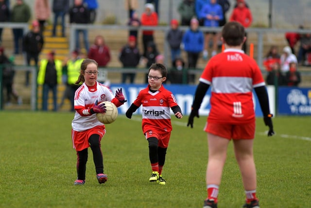 Some of the children who took part in a football game during half-time at Owenbeg on Sunday afternoon.  Photo: George Sweeney. DER2312GS – 30