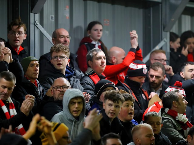 A section of the 500 strong Derry City support at Dalymount Park.