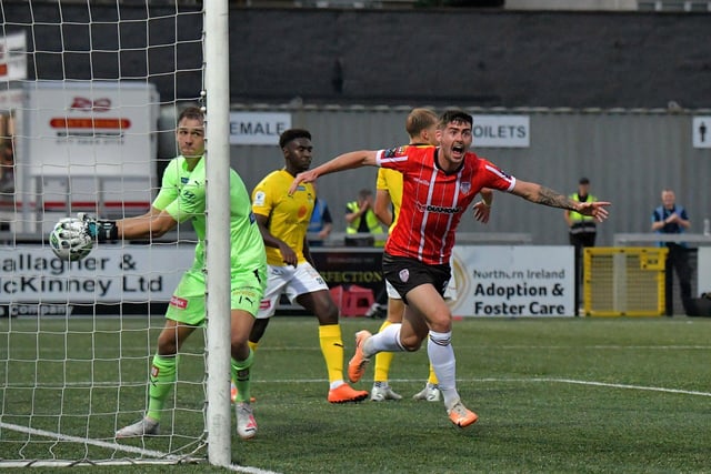 Cian Kavanagh celebrates scoring Derry City’s second goal against KuPs FC.  Photo: George Sweeney. DER2330GS - 