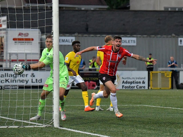 Cian Kavanagh celebrates scoring Derry City’s second goal against KuPs FC. Photo: George Sweeney. DER2330GS -