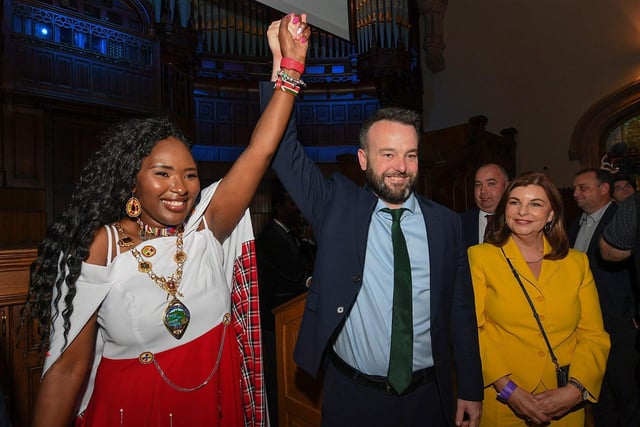 SDLP Colr Lilian Seenoi-Barr, newly elected mayor of Derry and Strabane, pictured with SDLP leader Colum Eastwood MP and Foyle MLA Sinéad McLaughlin. Photo: George Sweeney.