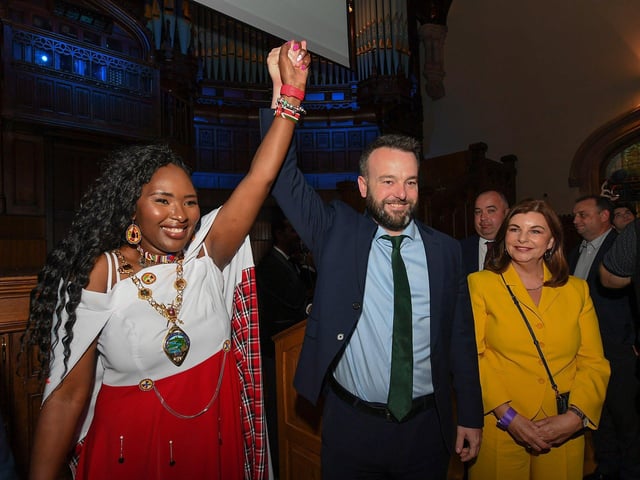SDLP Colr Lilian Seenoi-Barr, newly elected mayor of Derry and Strabane, pictured with SDLP leader Colum Eastwood MP and Foyle MLA Sinéad McLaughlin. Photo: George Sweeney.