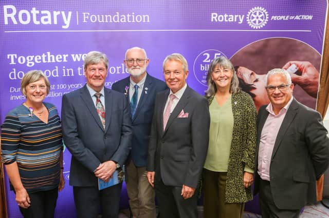 Pictured at the Rotary Ireland annual conference which took place recently in the City Hotel Derry Londonderry are Liz FitzGerald (District Secretary Rotary Ireland – Omagh Rotary), guest speaker, broadcaster Joe Mahon, Capt Sean FitzGerald (District Governor Rotary Ireland – Omagh Rotary) Dr Michael E. McBrien guest speaker on “Mercy Ships”, Nicki Scott (Rotary International Director & Vice President) and Tim Atwood, guest speaker ‘John & Pat Hume Foundation’.