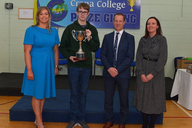 Isaac Quigley, recipient of the John Farren Perpetual Memorial Cup for Resilience, pictured at the annual Crana College Prize Giving on Friday afternoon last with Ms Clare Bradley (BOM), on the left, Mr Kevin Cooley principal and Ms Sinead Anderson deputy principal. Photo: George Sweeney DER2246GS - 96