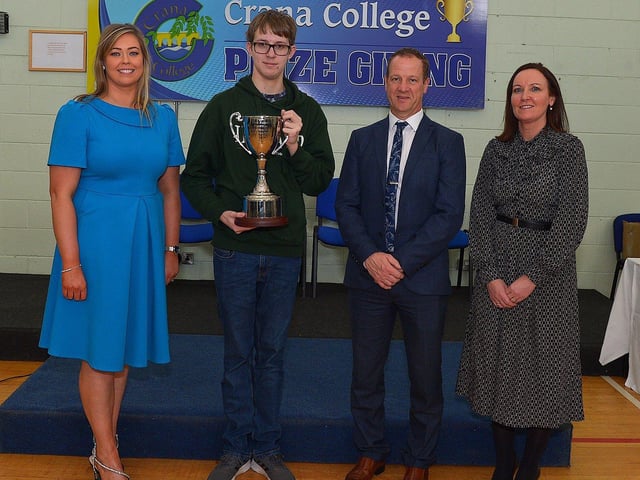Isaac Quigley, recipient of the John Farren Perpetual Memorial Cup for Resilience, pictured at the annual Crana College Prize Giving on Friday afternoon last with Ms Clare Bradley (BOM), on the left, Mr Kevin Cooley principal and Ms Sinead Anderson deputy principal. Photo: George Sweeney DER2246GS - 96