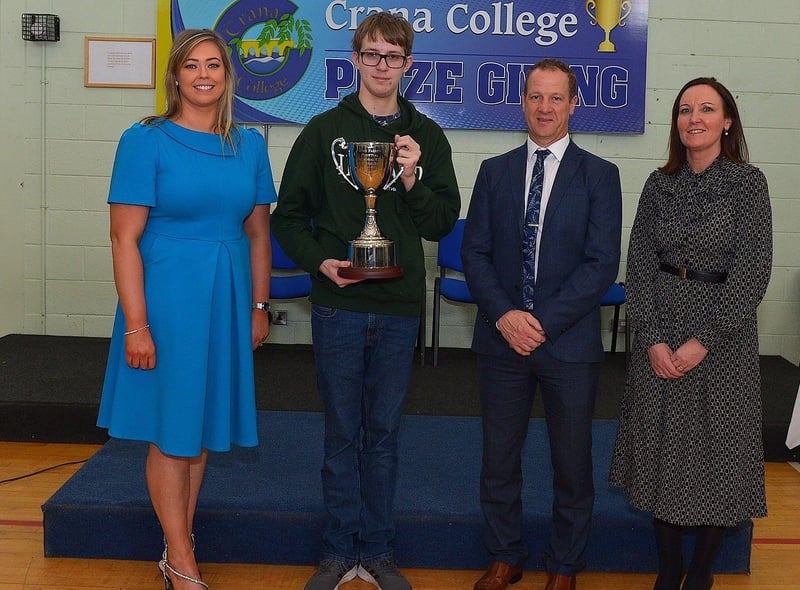 Isaac Quigley, recipient of the John Farren Perpetual Memorial Cup for Resilience, pictured at the annual Crana College Prize Giving on Friday afternoon last with Ms Clare Bradley (BOM), on the left, Mr Kevin Cooley principal and Ms Sinead Anderson deputy principal. Photo: George Sweeney DER2246GS - 96