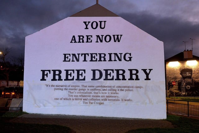 One of the projected images, on Free Derry Corner on Thursday evening, of the British colonial past from the 'The Sun Never Set And The Blood Never Dries' art project created by Art Everywhere.  The event was part of Bloody Sunday 51 anniversary. Photo: George Sweeney. DER2305GS 118
