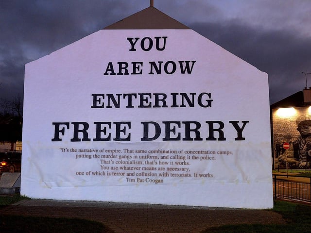 One of the projected images, on Free Derry Corner on Thursday evening, of the British colonial past from the 'The Sun Never Set And The Blood Never Dries' art project created by Art Everywhere. The event was part of Bloody Sunday 51 anniversary. Photo: George Sweeney. DER2305GS 118