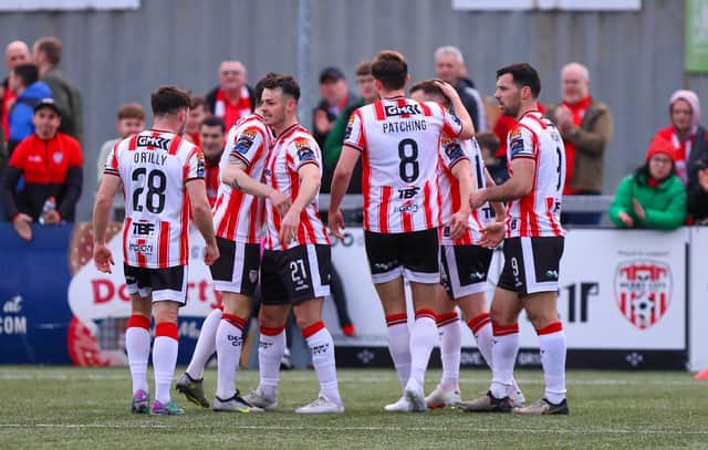 Danny Mullen celebrates putting Derry City in front early in the first half against St Patrick's Athletic. Photograph by Kevin Moore.