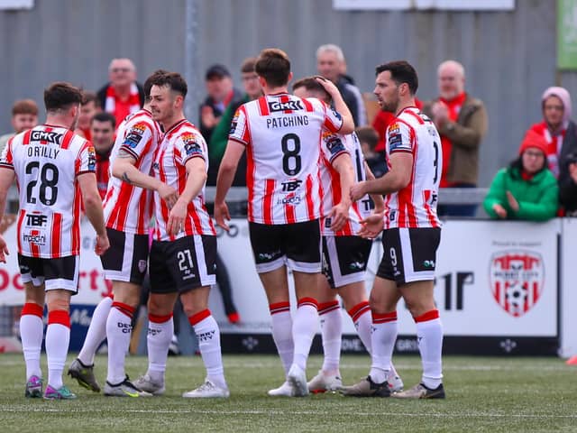 Danny Mullen celebrates putting Derry City in front early in the first half against St Patrick's Athletic. Photograph by Kevin Moore.