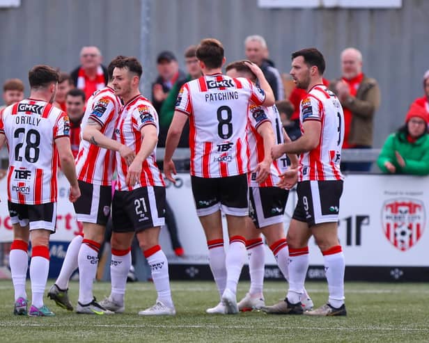 Danny Mullen celebrates putting Derry City in front early in the first half against St Patrick's Athletic. Photograph by Kevin Moore.
