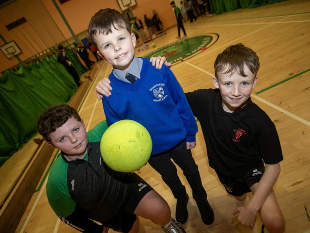 St. Joseph's students Alex Begley and JAckson Feeney pictured with Nazareth House PS P7 pupil Dara Tyre at Thursday's Open Night. (Photos: Jim McCafferty Photography)