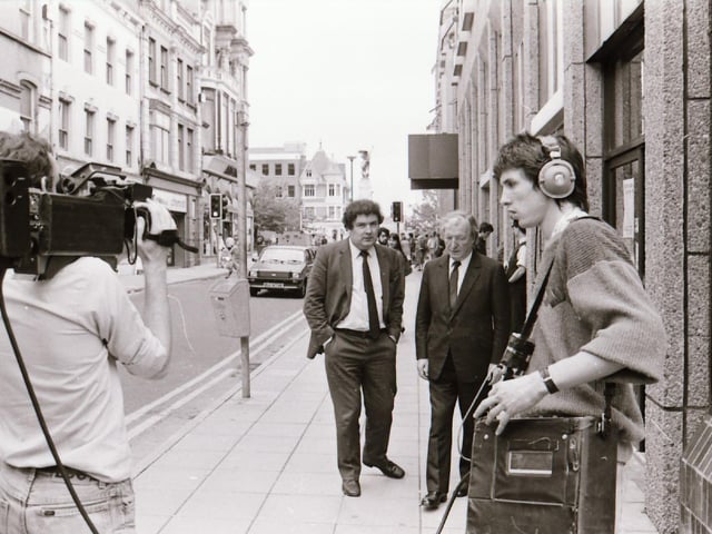 Former Taoiseach Charlie Haughey with John Hume on a visit to Derry and Ballyliffin and being filmed for a Channel 4 TV series.