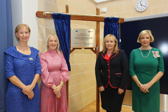 Education Minister Michelle McIlveen, with from left,  Heather Pratt, chair, Board of Governors, Caroline Clements, principal, and Alison Millar, Lord Lieutenant at the official opening.