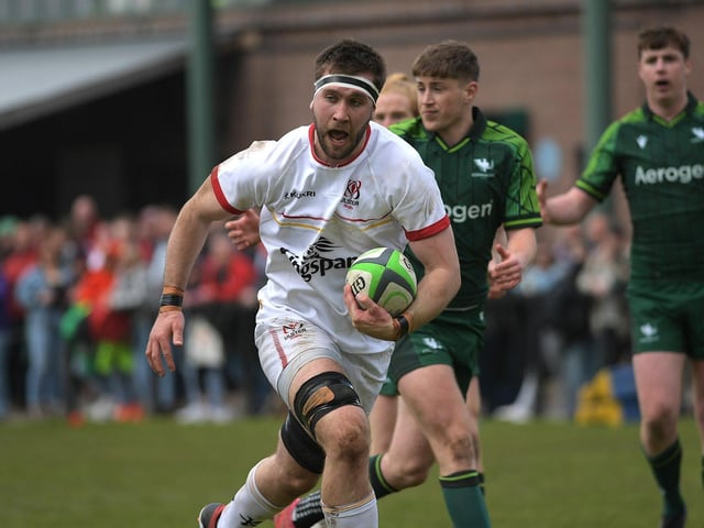 Ulster’s James Wright on his way to score a try against Connacht. Photo: George Sweeney