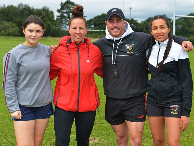 Coaches Maggie Delaney, former Ireland international player Stacey Kennedy, City of Derry senior player CJ Cregan and Naoimh Julius pictured at the recent City of Derry Youth Rugby Summer Camp. Photo: George Sweeney. DER2331GS – 56