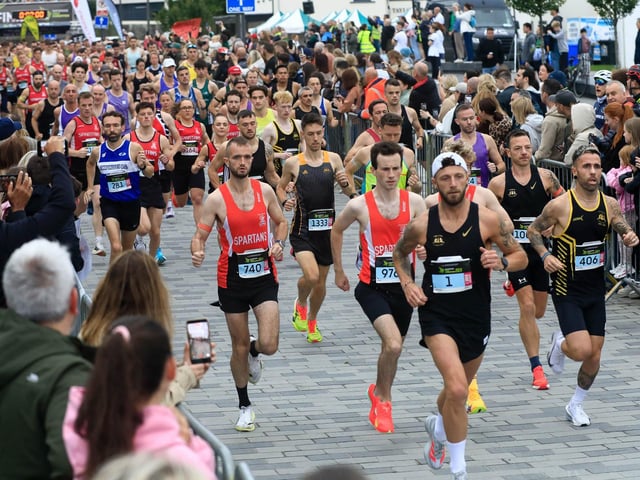 Athletes get off to a good start in the Waterside Half Marathon in Ebrington Square, on Sunday morning. (Photo - Tom Heaney, nwpresspics)