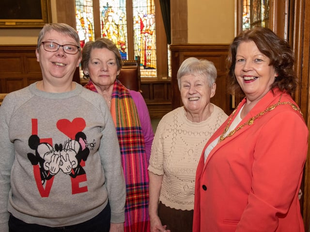 The Mayor Councillor Patricia Logue has hosted the monthly Mayor’s Tea Dance in the Guildhall included are, Denise Tracy, Pamela Smyth and Nora Burke. Picture Martin McKeown. 07.02.24