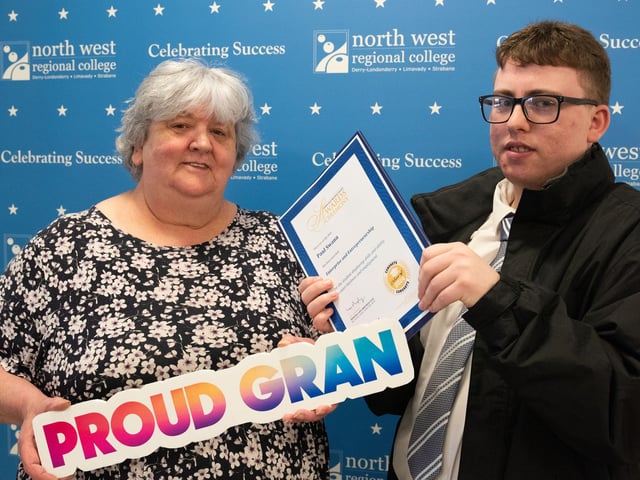 Paul Swann pictured with granny Jennifer at the Best in Further Education celebrations at North West Regional College.