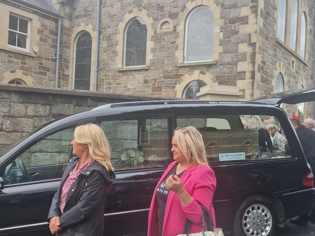 Mourners at the funeral of journalist and activist Nell McCafferty at the Long Tower Church on Friday afternoon.