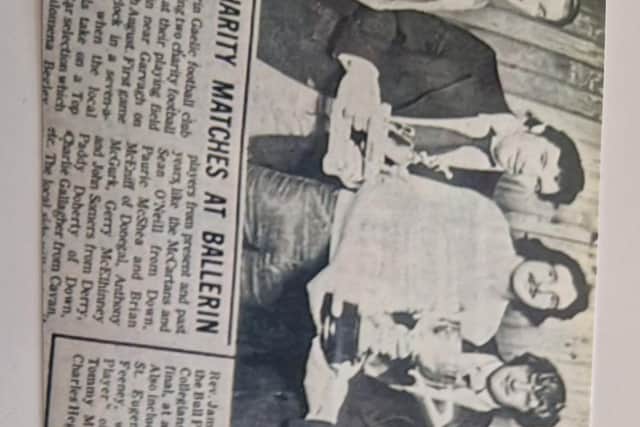 Rev James Clarke Adm, St Eugene's Cathedral, presenting the Bull Park FA Open Cup to Colm O'Neill, captain of the Collegians team who defeated Crusaders in the final. Included from left, Eddie Davis (St Eugene's Hall), Dennis Feeney (Player of the Tournament), Tommy McCay, (Collegians manager) and Mr Charles Hegarty (Treasurer, Bull Park FA).