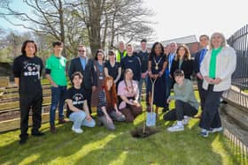 The Mayor of Derry City and Strabane District,  Councillor Lilian Seenoi-Barr, with Foundation Degree in Horticulture students and staff from CAFRE, Greenmount Campus, members of the local Japanese arts organisation Foyle Oban, Acorn Farm/Community Foundation for Northern Ireland and Derry City and Strabane District Council staff. Photo by Lorcan Doherty.