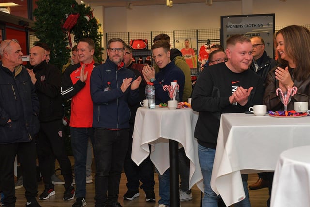 Some of the attendance pictured at the launch of Derry City’s 2024 home shirt at O’Neill’s superstore on Wednesday evening. Photo: George Sweeney