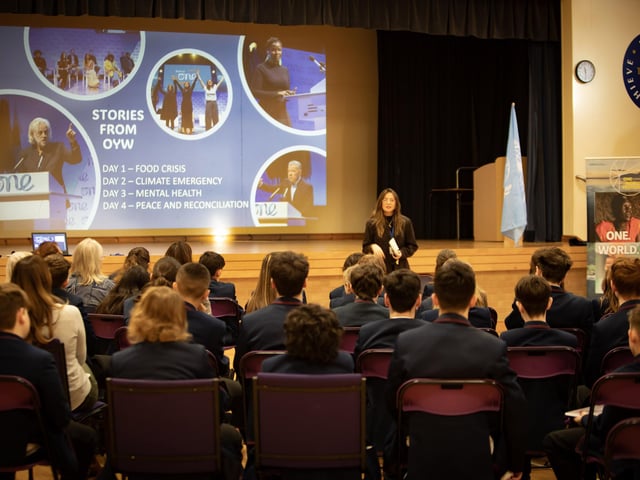 Emer Rafferty, a delegate from the 'One Young World Summit 2023' addressing students from Oakgrove and Lisneal Colleges at Oakgrove. (Photos: Jim McCafferty Photography)