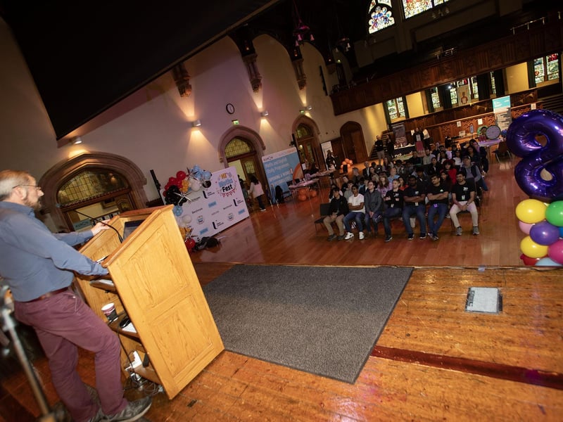 Dr. William Smyth, Phd., School of Computing, Engineering and Intelligent Systems, addressing the attendance at Saturday's NI Maths Fest event. : .