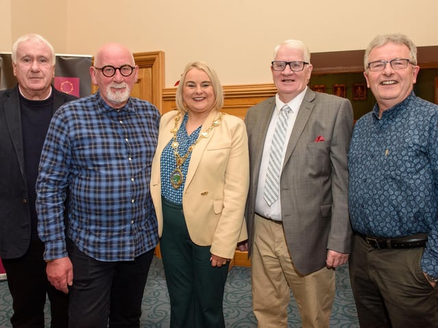 The Mayor Councillor Sandra Duffy welcomed members of the Order of Malta to the Guildhall where she presented the organisation with commemorative crystal in recognition of their contribution across the Derry City and Strabane District Council area. Pictured at the reception are, Noel McLoone, Jim Norris, Mat McAlister and Charlie McMonagle. Picture Martin McKeown. 06.02.23:Mayor of Derry City and Strabane District Council’s reception for Knights of Malta in the Mayor’s Parlour, Guildhall on Monday 6th February.