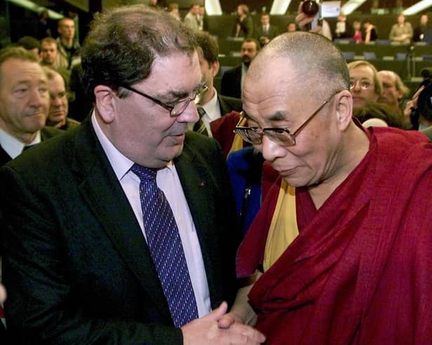 John Hume with the Dalia Lama at the European Parliament in Strasbourg in 2001. (Photo by FRANCK FIFE / AFP) (Photo by FRANCK FIFE/AFP via Getty Images)