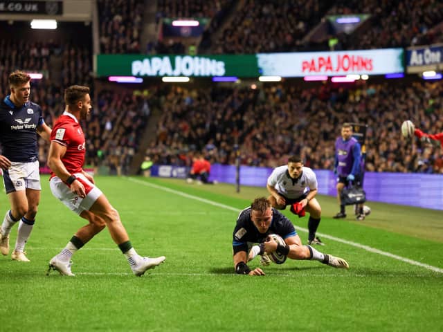 Matt Fagerson scored Scotland's fifth try in the record 35-7 win over Wales at Murrayfield. (Photo by Ian MacNicol/Getty Images)