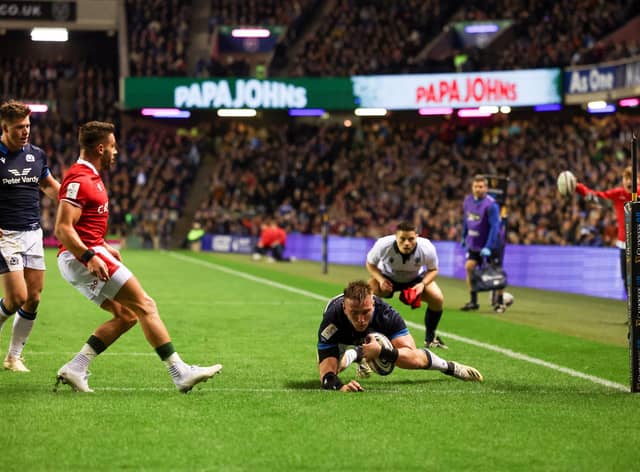 Matt Fagerson scored Scotland's fifth try in the record 35-7 win over Wales at Murrayfield. (Photo by Ian MacNicol/Getty Images)