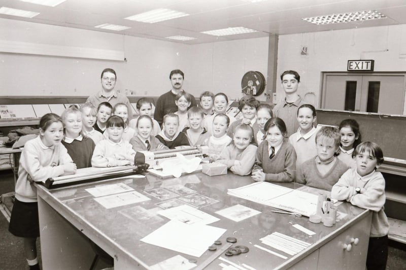 Children from Slievemore Primary School (now St Paul's) in Galliagh with Derry Journal staff during a visit to the Buncrana Road premises.
