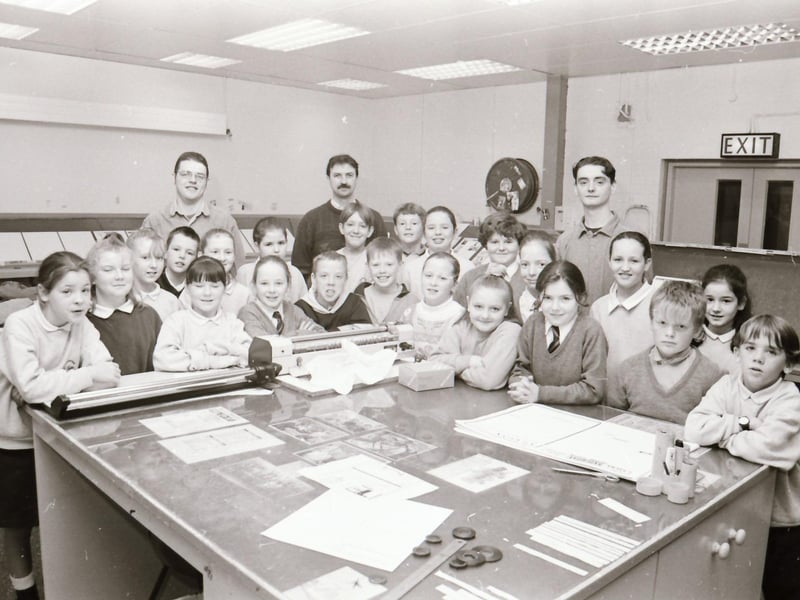 Children from Slievemore Primary School (now St Paul's) in Galliagh with Derry Journal staff during a visit to the Buncrana Road premises.