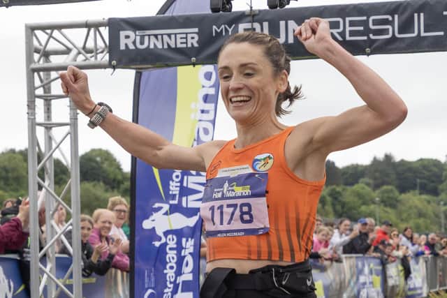First lady home was Helen McCready of Rosses AC when she romped home in the Strabane Lifford Half Marathon.  (North West Newspix)