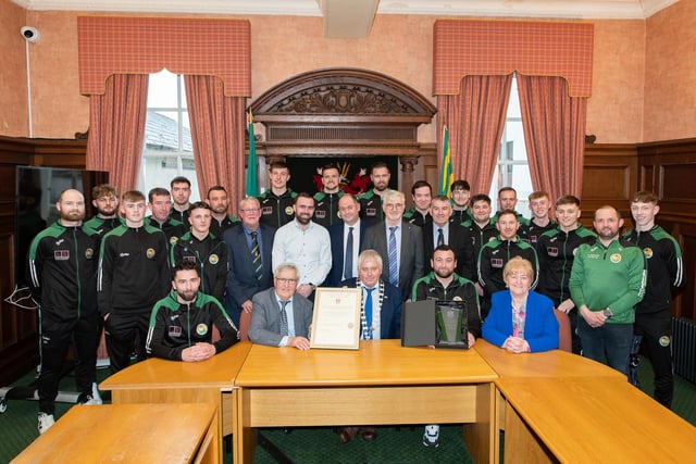 Donegal County Council honoured Cockhill Celtic Football Club on Friday with a civic reception in the County House, Lifford. At the reception are team members with Tommy Doherty, Chairperson, Cllr. Martin Harley Cathaoirelach Donegal County Council, Cllr. Rena Donaghey, Cllr. Donal Coyle, Cllr. Jack Murray, Patsy Lafferty, Director of Housing, Corporate & Cultural Services, John McLaughlin, Chief Executive Donegal County Council and Cllr. Paul Canning. Photo Clive Wasson