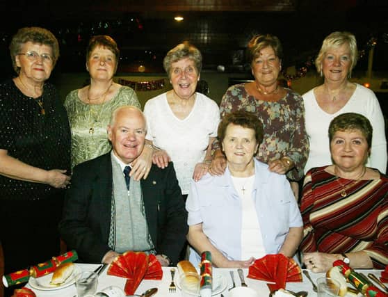 Hugh O'Donnel with Kathleen O'Donnell, Ann doherty, Mardi McCallion, Maureen McGuigan, Fidelis Kerr, Helen Doherty and Margaret Gorman. (0512JB76):.