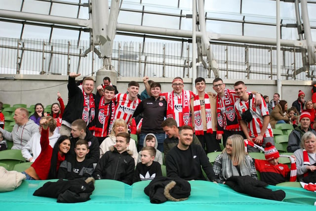 Derry City get the thumbs up from this band of supporters in the Aviva Stadium on Sunday. (Photo: Kevin Moore/MCI)