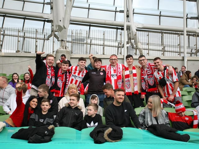 Derry City get the thumbs up from this band of supporters in the Aviva Stadium on Sunday. (Photo: Kevin Moore/MCI)
