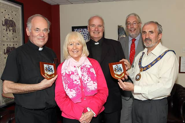 2013: The Mayor of Limavady, Councillor Gerry Mullan welcoming Rev David Armstrong and Fr. Kevin Mullan to the Mayor's Parlour.