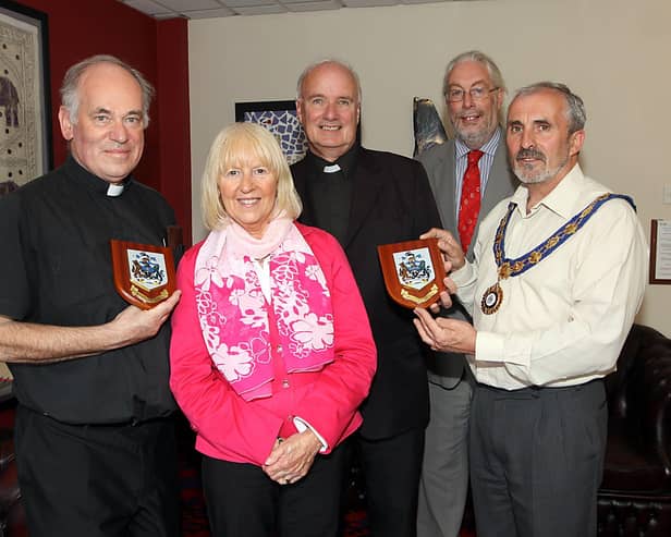 2013: The Mayor of Limavady, Councillor Gerry Mullan welcoming Rev David Armstrong and Fr. Kevin Mullan to the Mayor's Parlour.